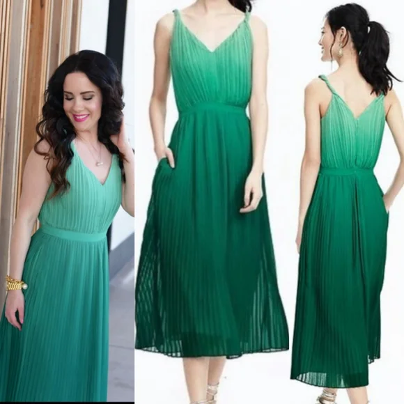 Banana Republic | Dresses | Banana Republic Pleated Green Ombre Midi Dress  With Pockets Sz 6 | Poshmark